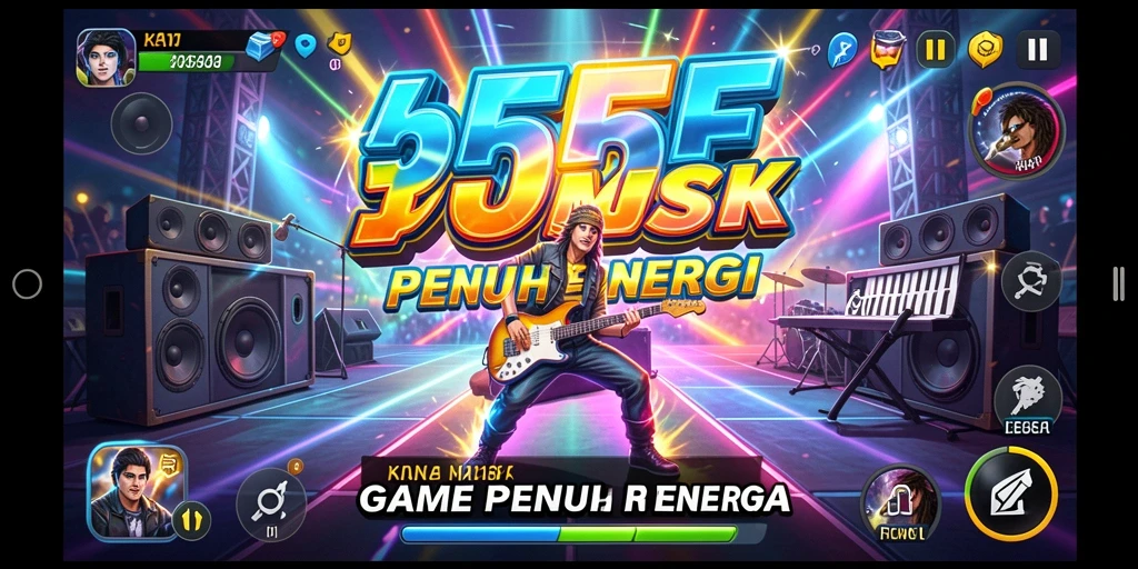 Tampilan gameplay seru dalam 555F dengan musik yang energik.