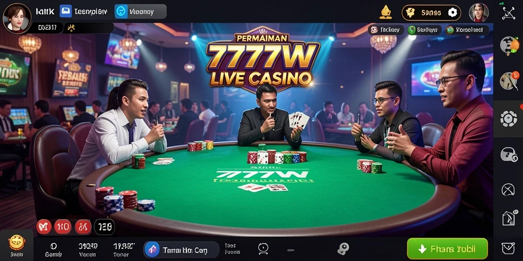 Screenshot gameplay Live Casino 7777W yang menampilkan dealer langsung dan interaksi pemain.