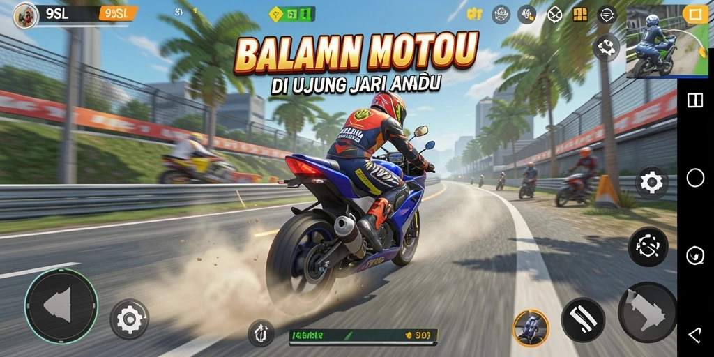 Gameplay seru di trek balapan motor yang menantang di 9SL.