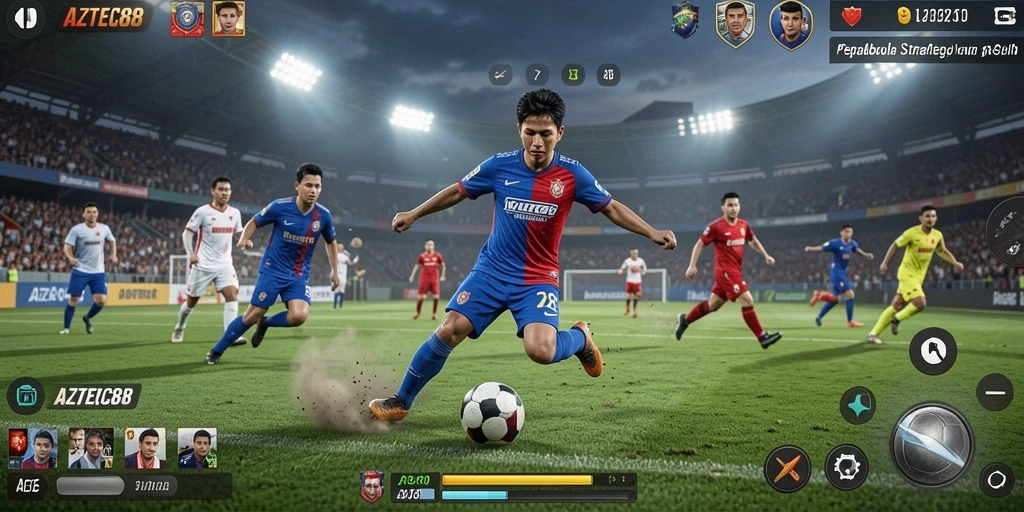 Tampilan gameplay AZTEC88 yang penuh aksi sepakbola.