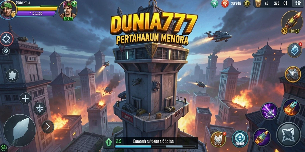 Tangkapan layar DUNIA777 menampilkan aksi seru dalam game Tower Defense.