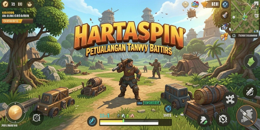 Screenshot gameplay HARTASPIN menampilkan karakter menjelajahi dunia terbuka.