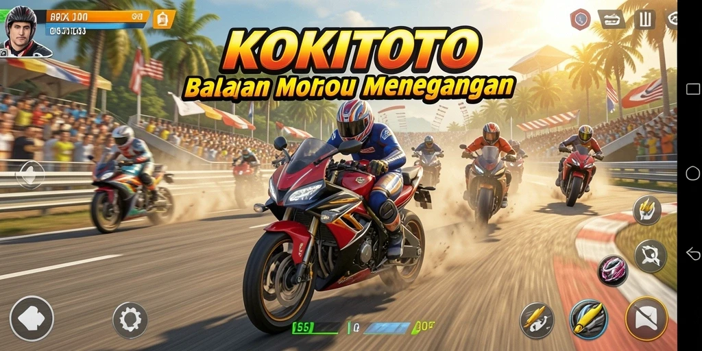Screenshot gameplay KOKITOTO yang menunjukkan balapan motor yang seru.
