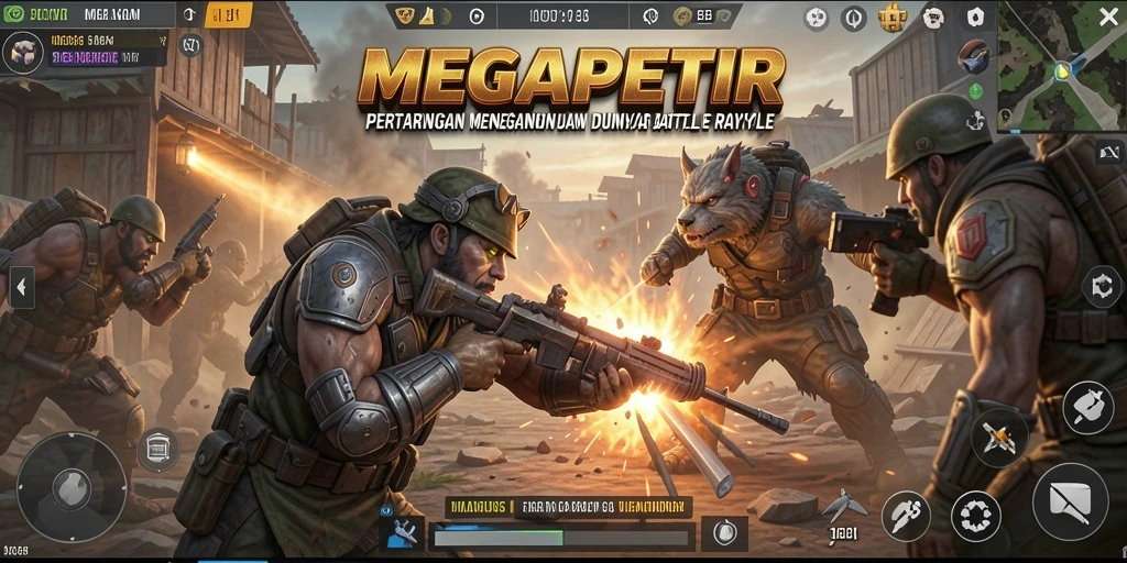Tangkapan layar MEGAPETIR menampilkan aksi seru dalam permainan Battle Royale.