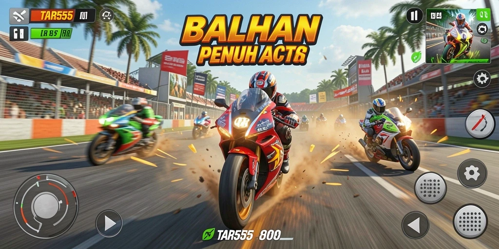 Screenshot gameplay TAR555 dengan aksi balapan motor yang seru.